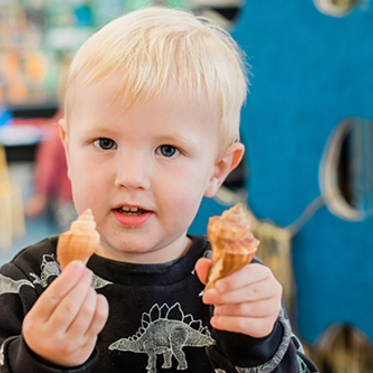 Busy Bees Waitara boy playing with seashells 